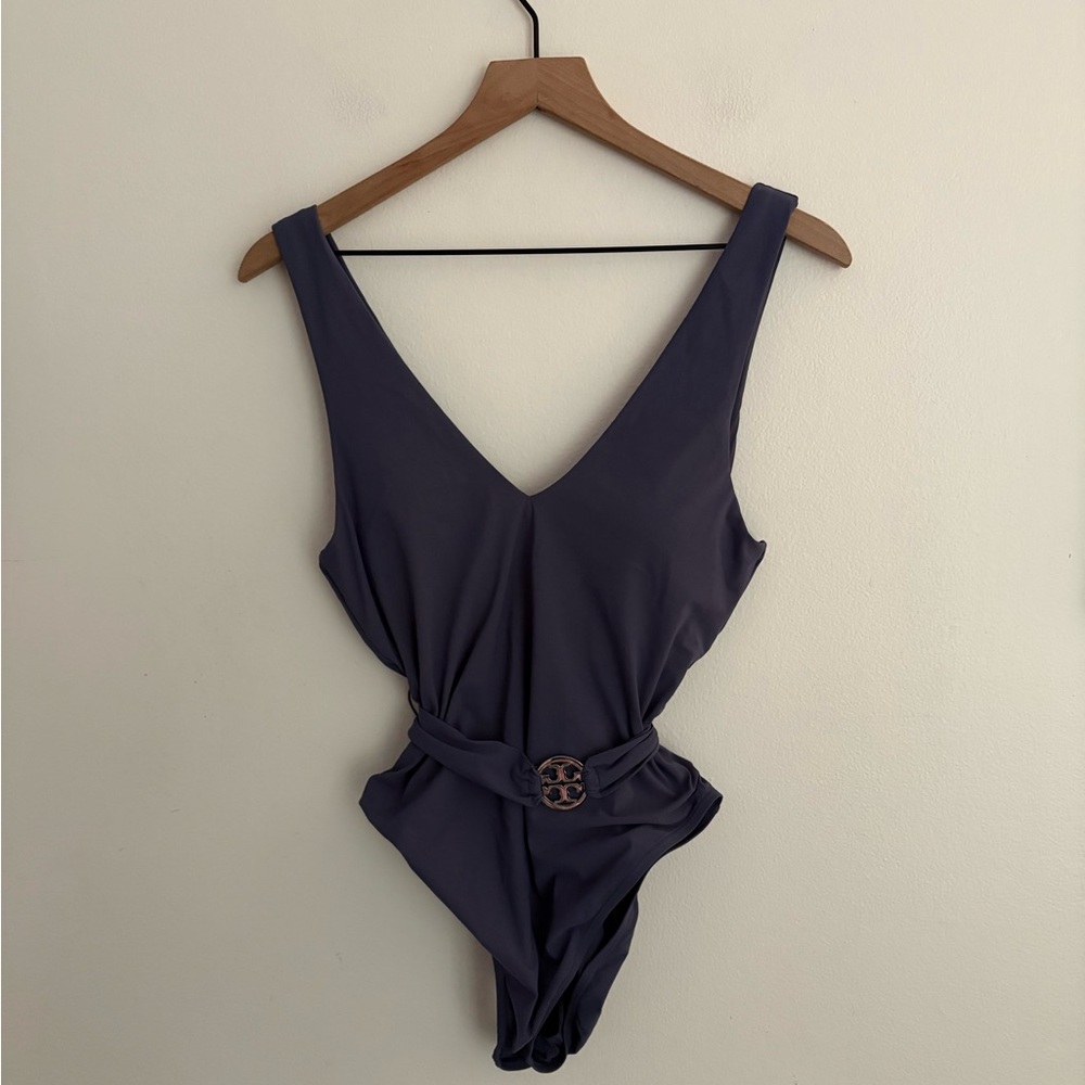 Tory Burch Miller Plunge Silver Slate Blue One-Piece Swimsuit Women Large AD